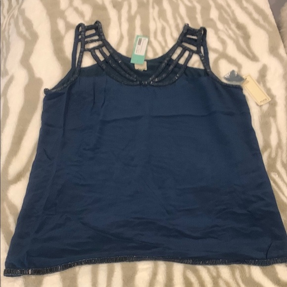 ecru Tops - Ecru Blue Cut Out Tank Top with Decorative Straps